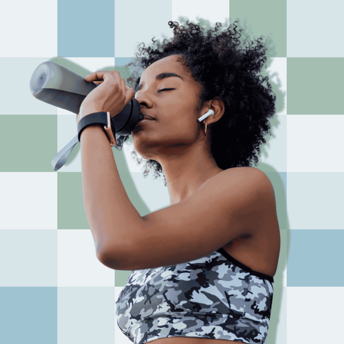Woman drinking water from a dark grey sports bottle. Background is acheckerboard pattern with different shades of green and blue
