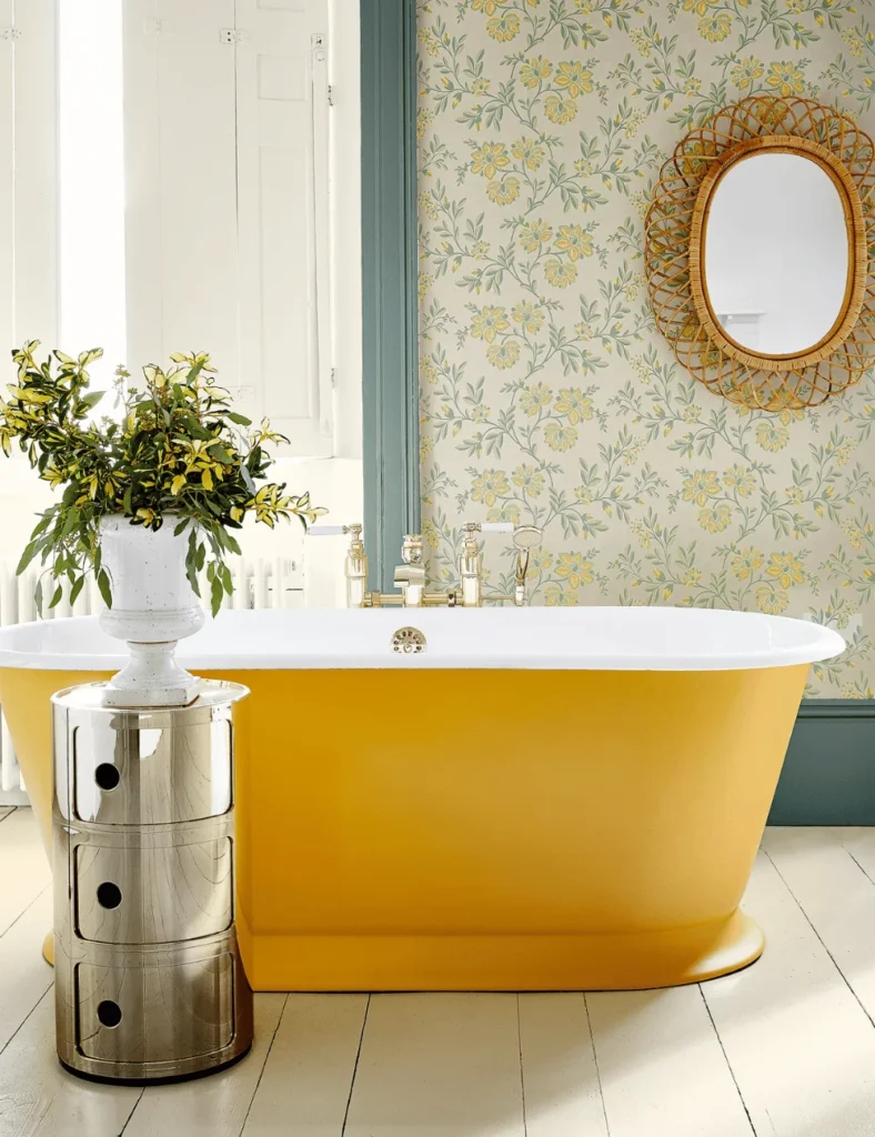 bathroom with yellow bathtub and floral wallpaper