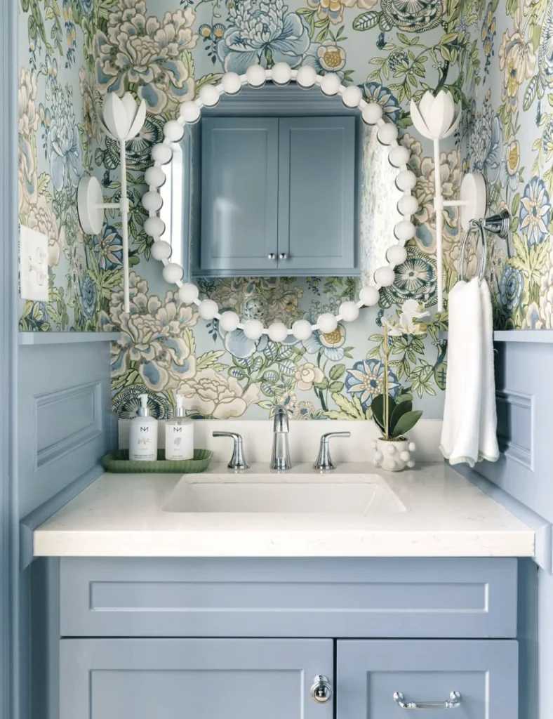 beautiful bathroom with bobbin mirror