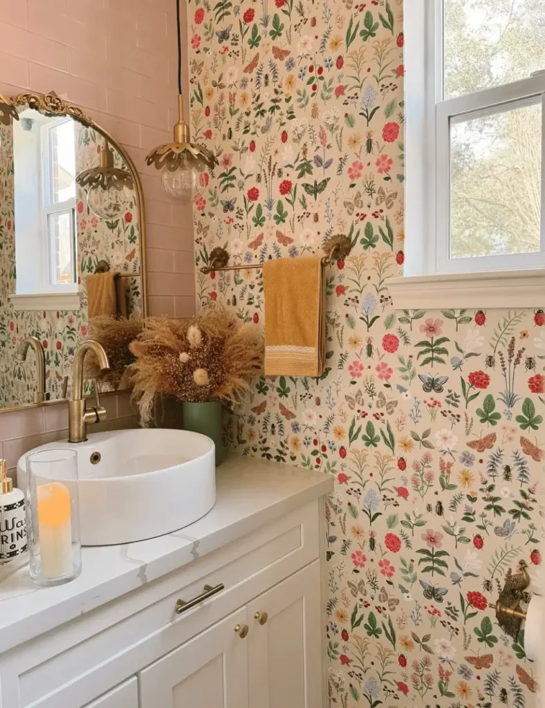 colourful bathroom with a floral accent wall