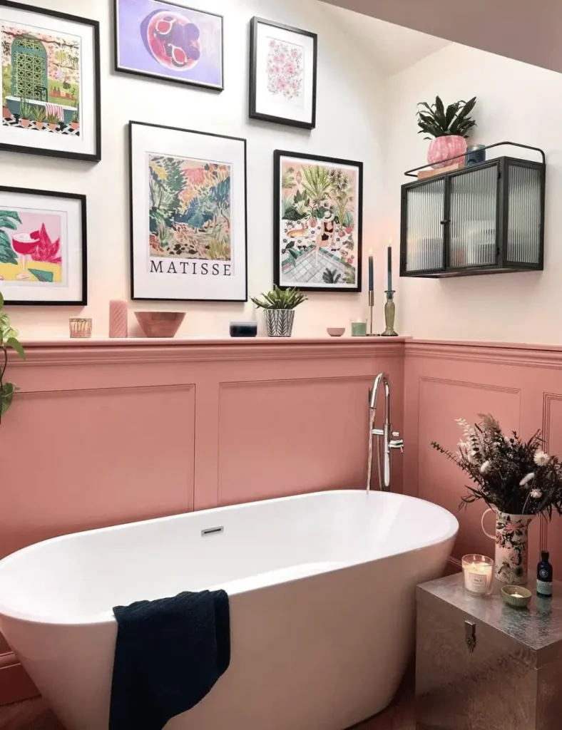 colourful bathrrom with a gallery wall. Colourful bathroom ideas