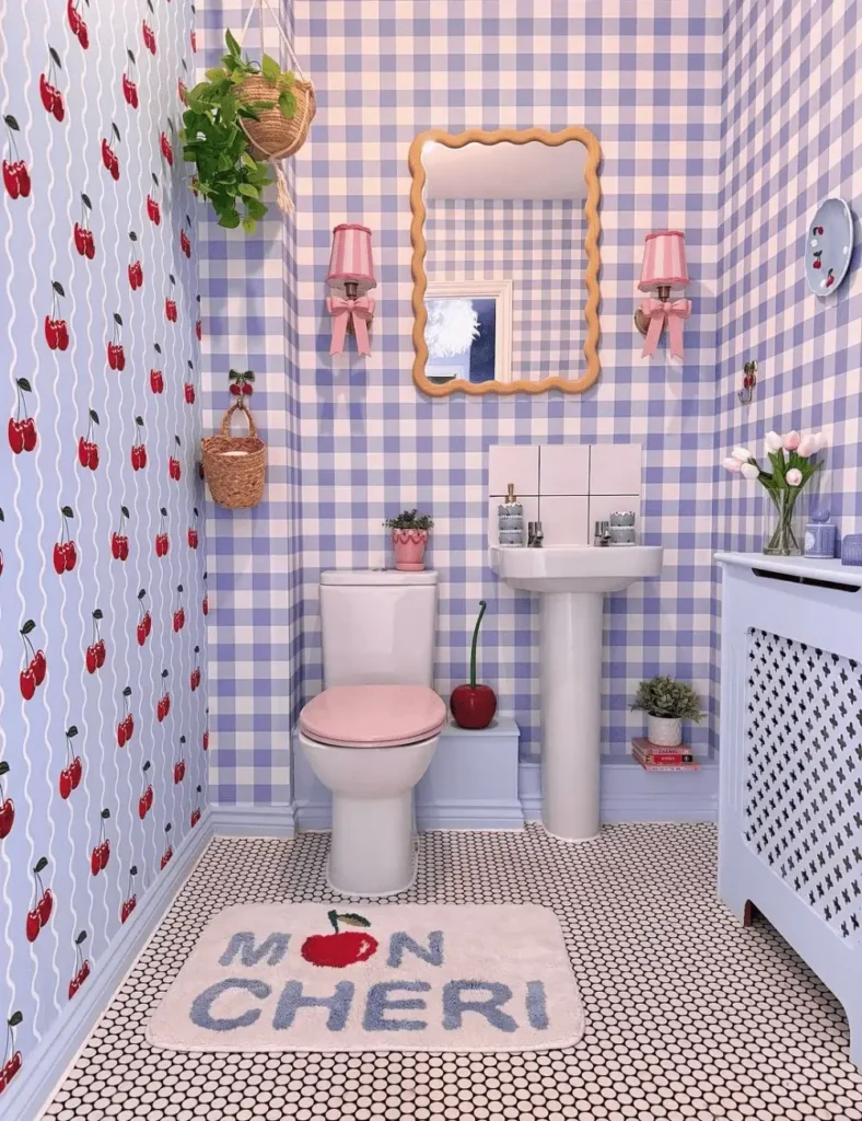 colourful preppy bathroom idea with cherry accents