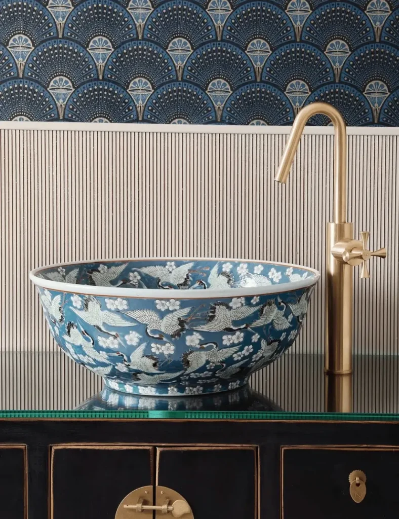 unusual basin with crane bird illustration