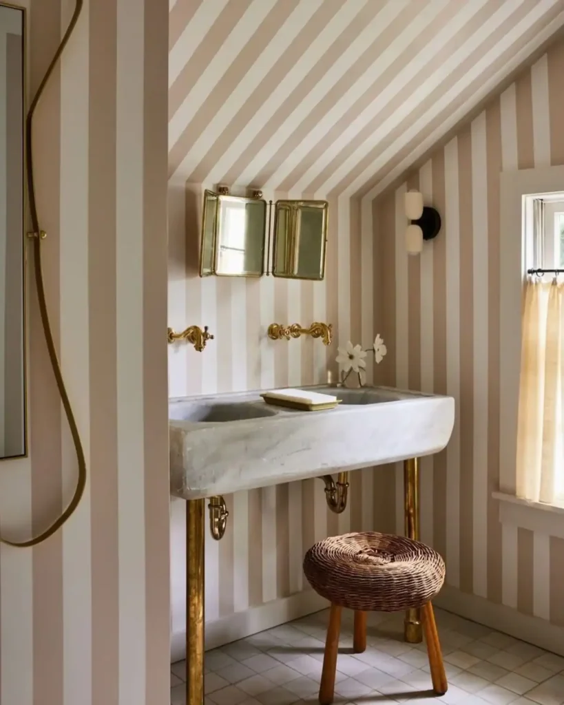 Pink and white striped bathroom