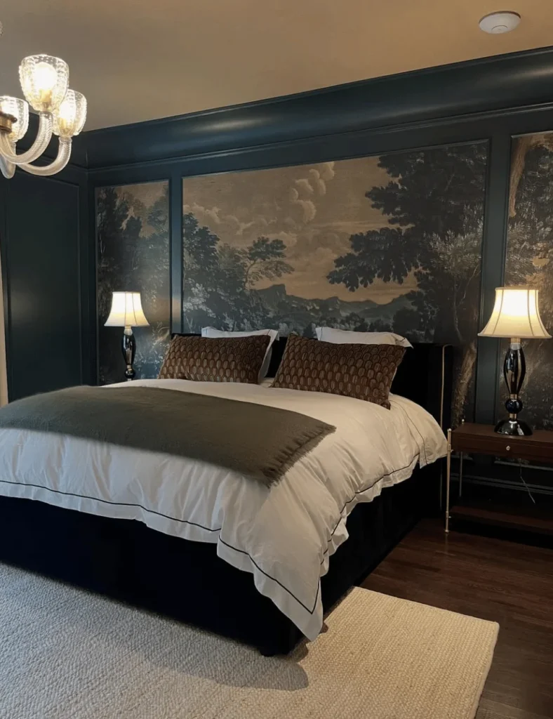 dark bedroom with landscape mural