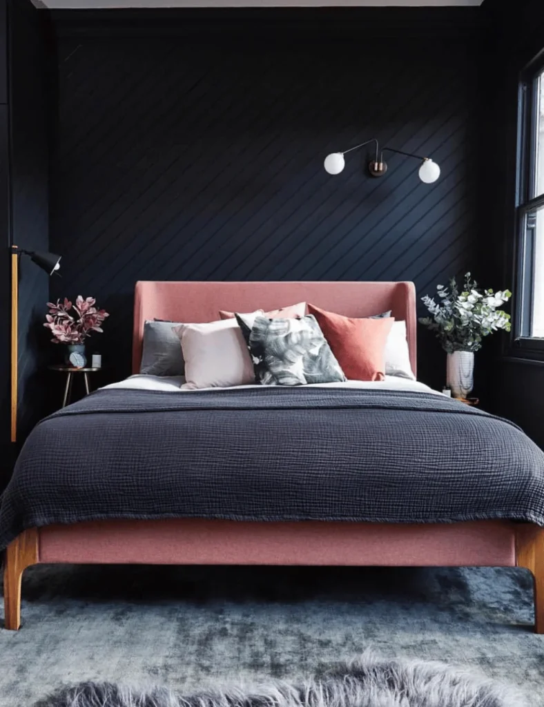 dark blue and pink bedroom