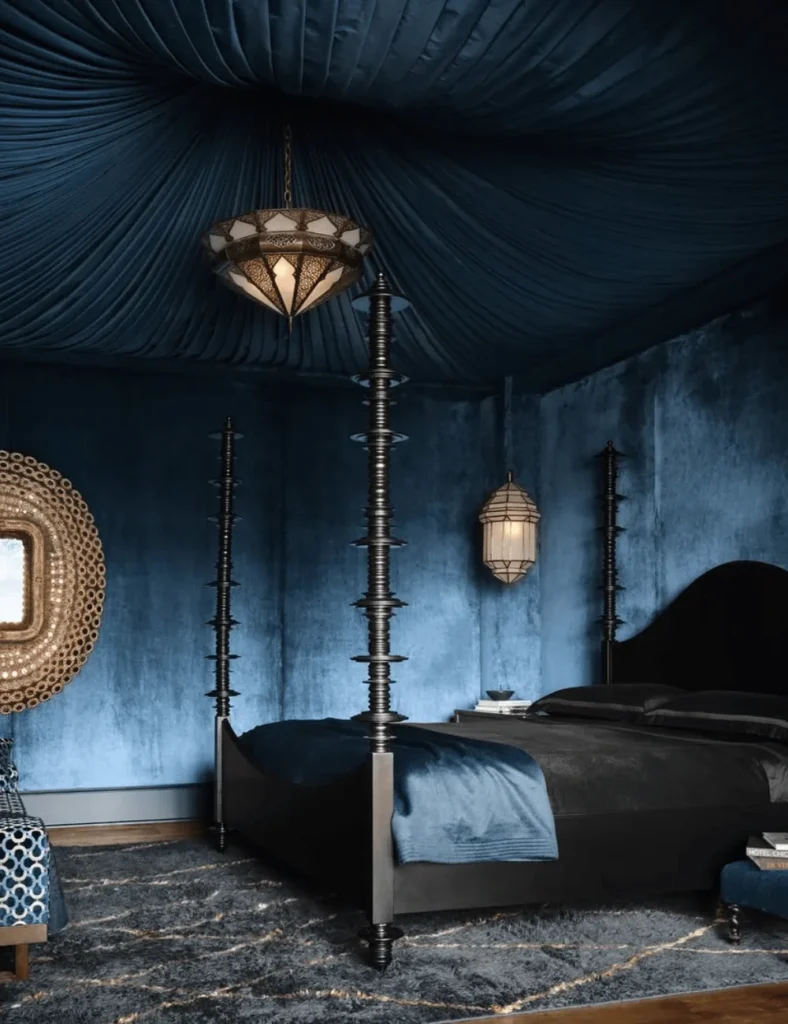 dark blue velvet ceiling canopy in dark bedroom