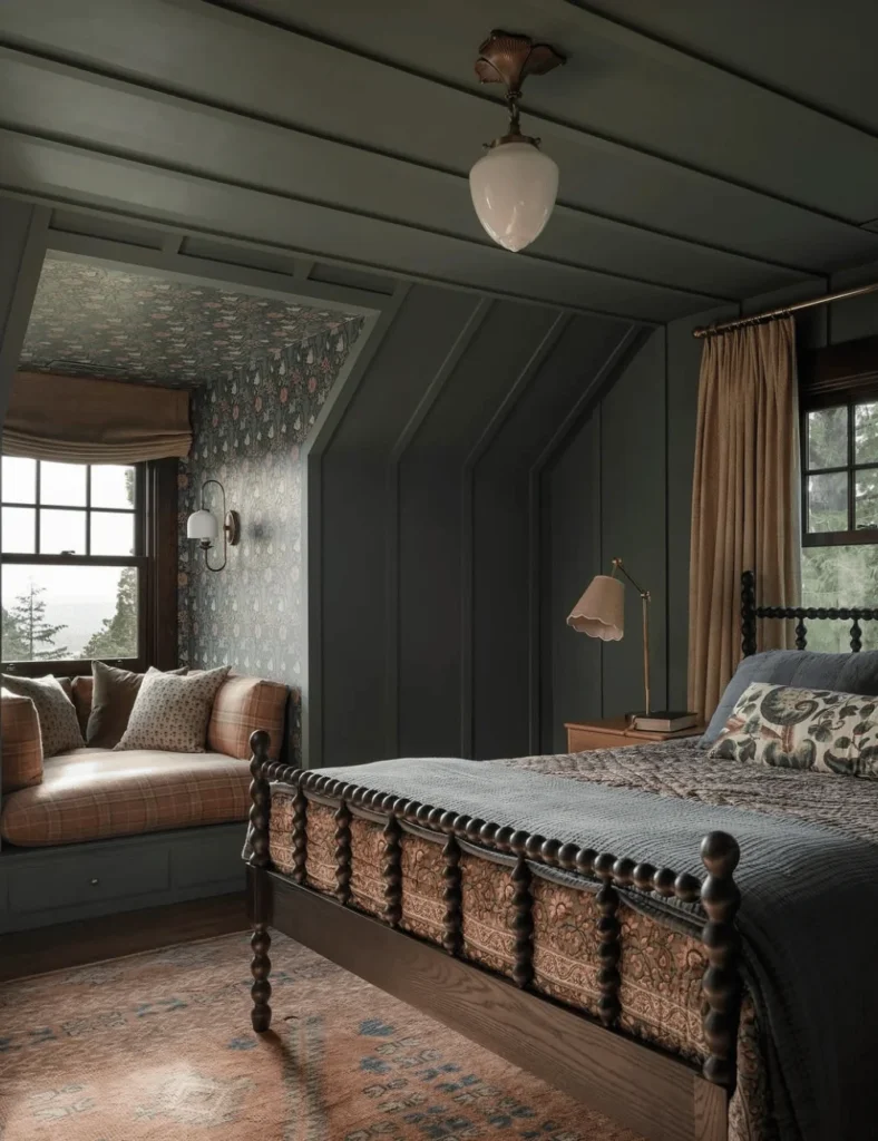 dark green bedroom with wood panelling