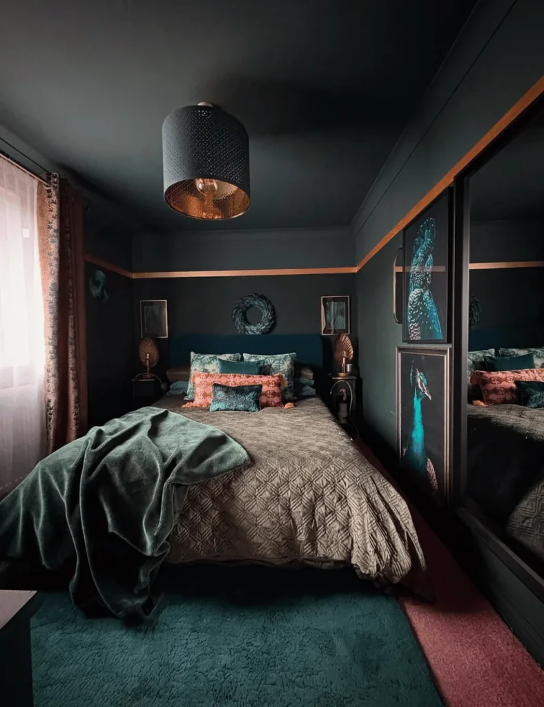 dark green, blue and black bedroom