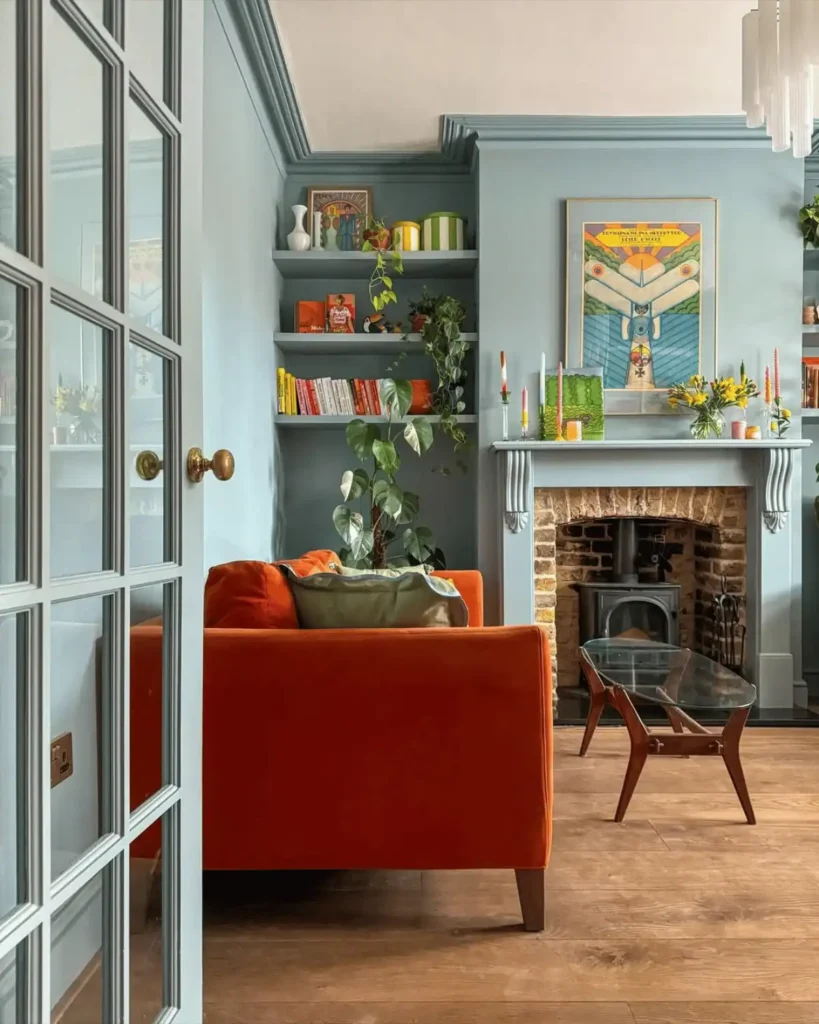 maximalist living room with a green cascading plant. mood-boosting decor ideas