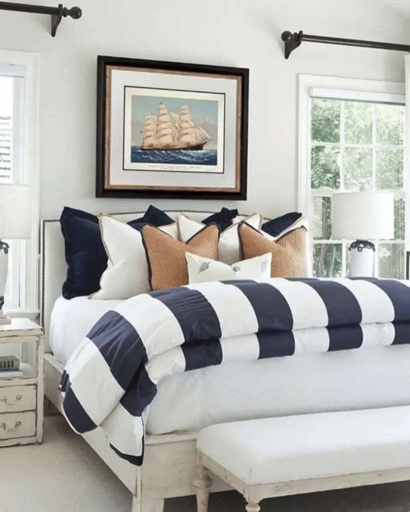 beachy bedroom with striped accent