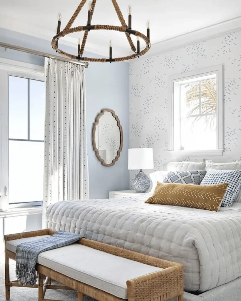 coastal bedroom idea with a rope lightshade