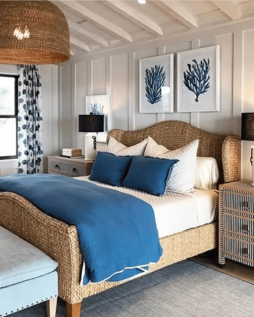 neutral bedroom with a rattan bed frame and lightshade