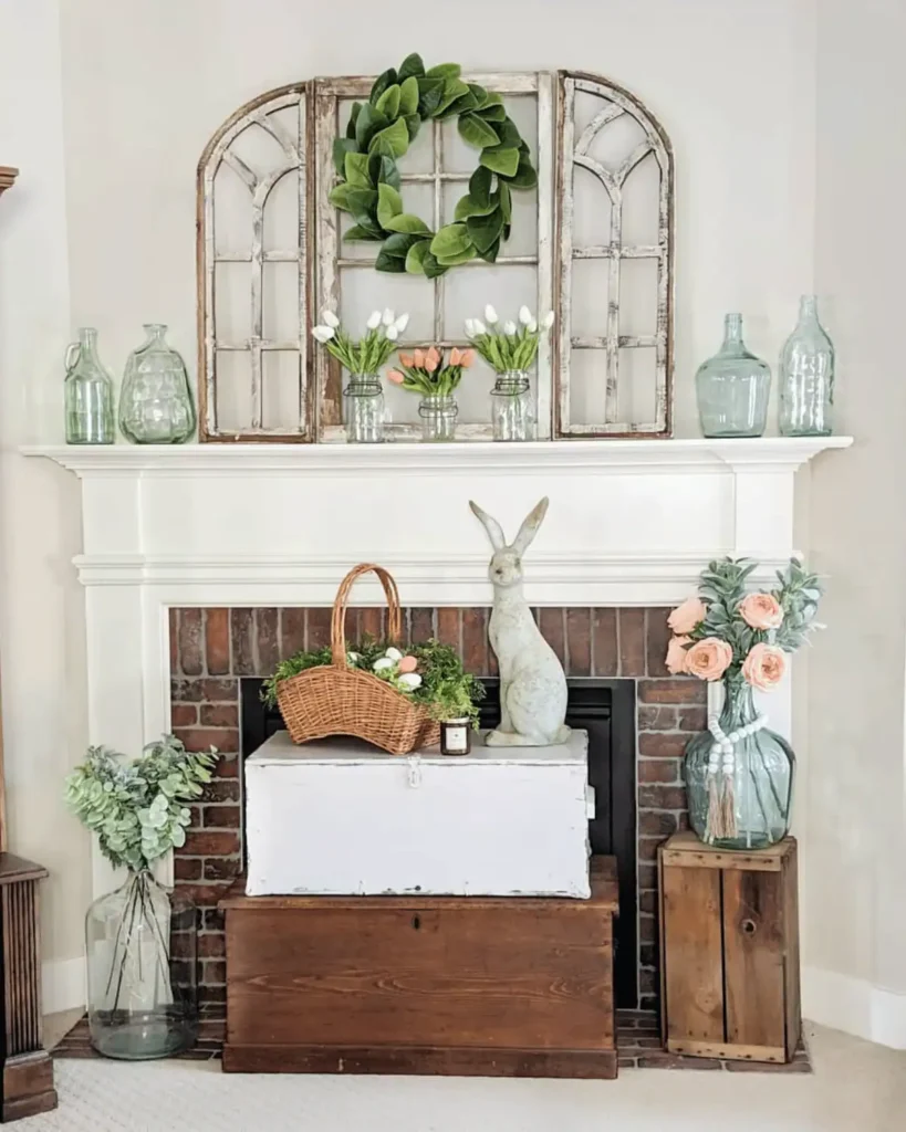 Easter mantle with a leaf wreath and blue glass vases