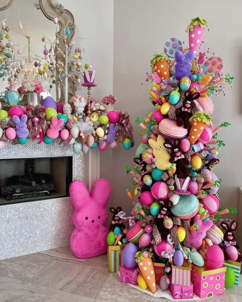 Pink child-friendly Easter mantle decor idea