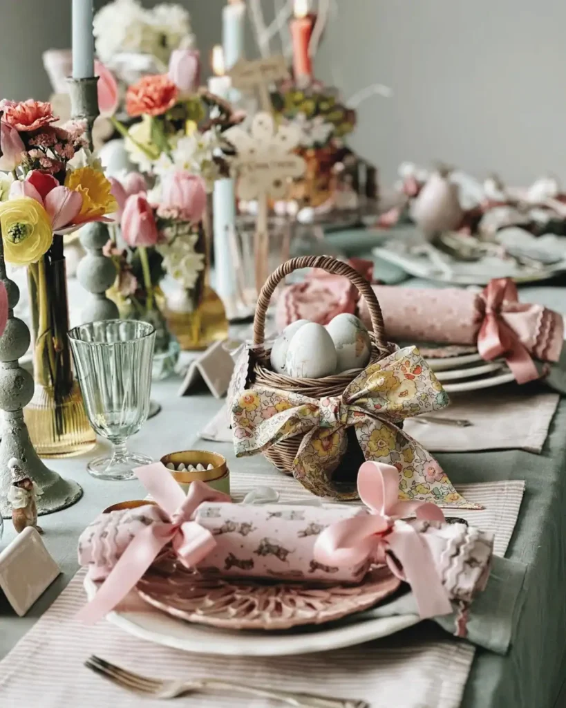wicker backet Easter table decoration