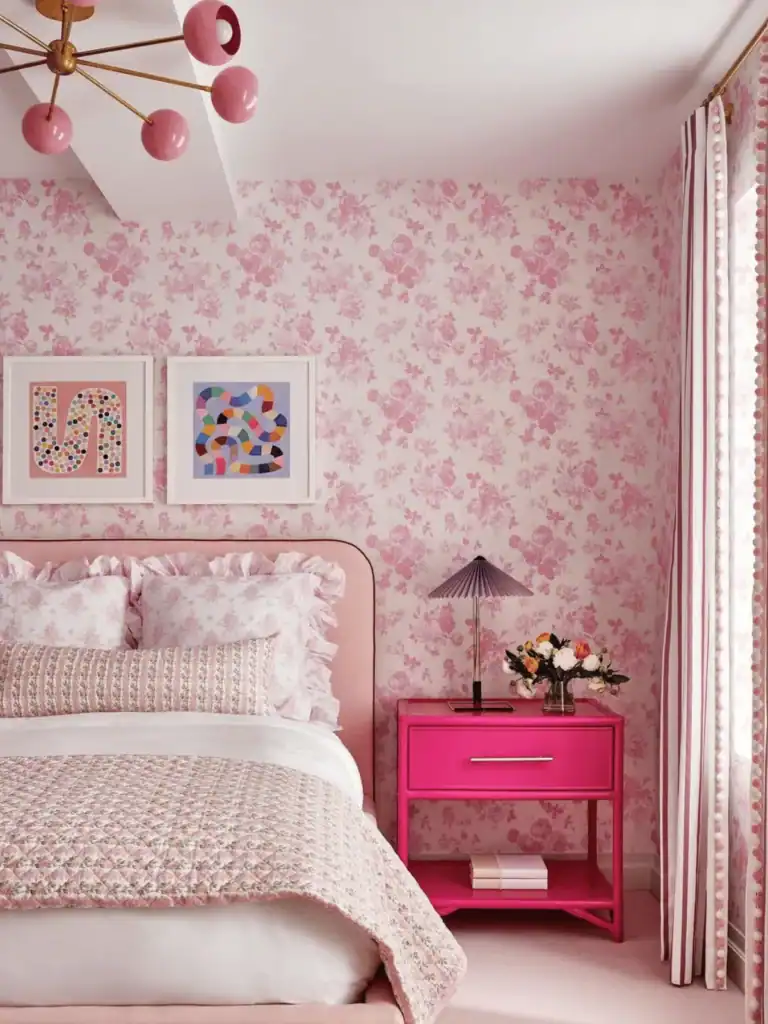 Pink-floral-wallpaper-bedroom