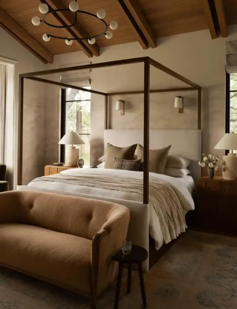 earthy bedroom with a black frame poster bed