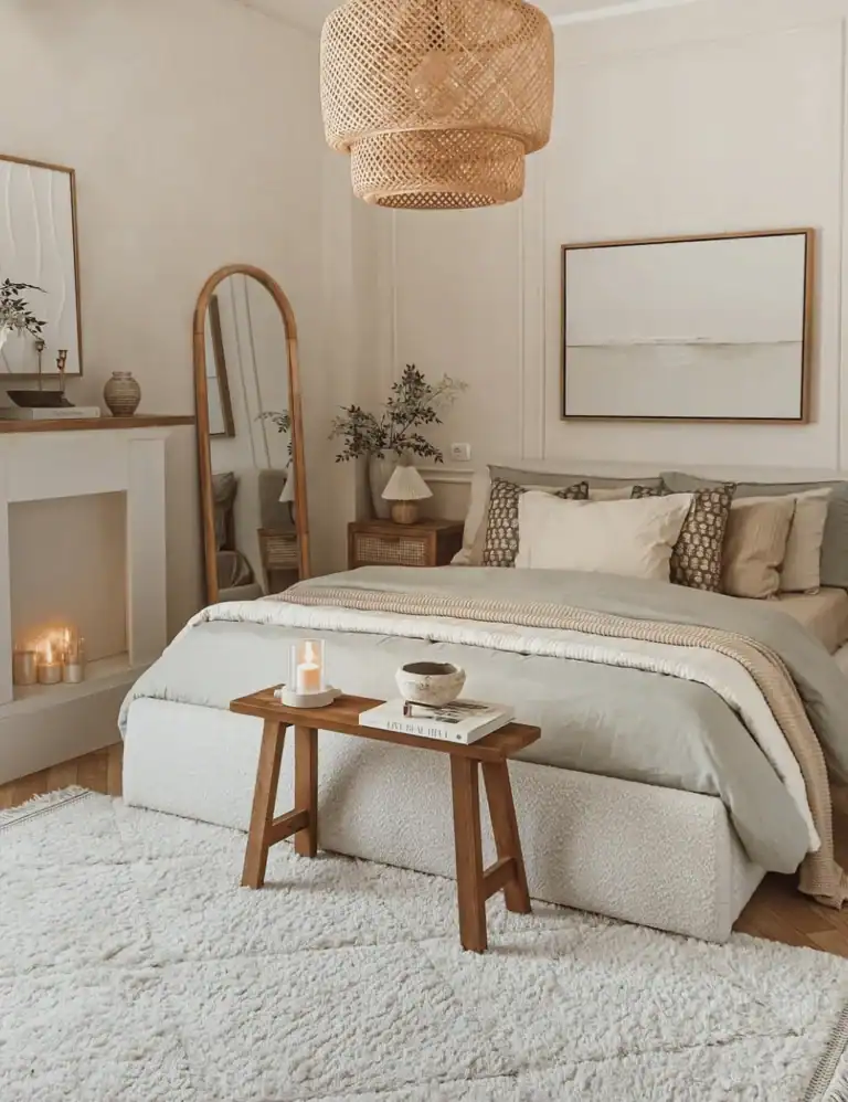 boho earthy decor in a bedroom