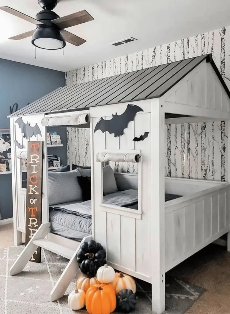 Add a wooden Trick or Treat sign. kids halloween bedroom ideas
