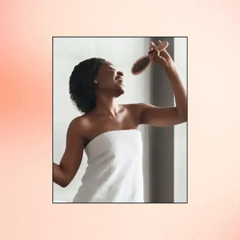 Self-Care-Morning-Rituals.-Black-Young-Woman-Enjoying-Haircare-Singing-with-Hairbrush