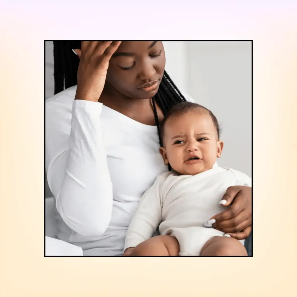 Stressed African American mom sitting with kid on bed. Positive Affirmations of Gratitude