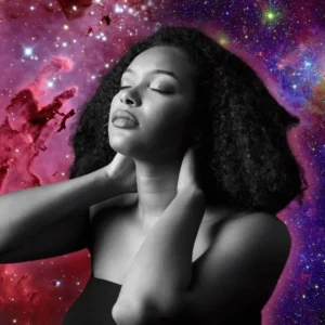 The O Method. Woman with her eyes closed touching her neck. Cosmic universe background
