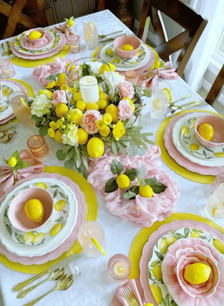 A table set for a dinner party with lemons.