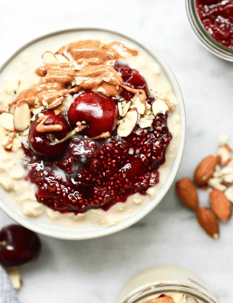 Healthy Overnight Oats with Cherry Chia Seed Jam
