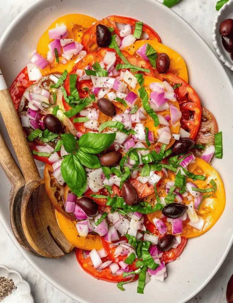 Heirloom Tomato Salad (With Kalamata Olives & Fresh Basil)