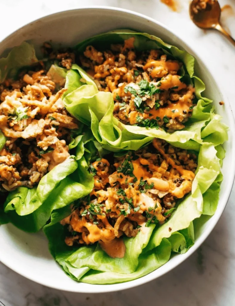 Tofu and Brown Rice Lettuce Wraps with Peanut Sauce
