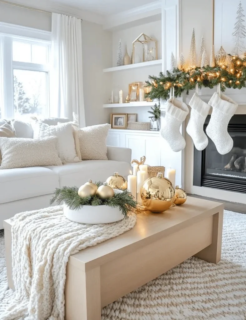 Christmas coffee table decor with large gold bauble decorations