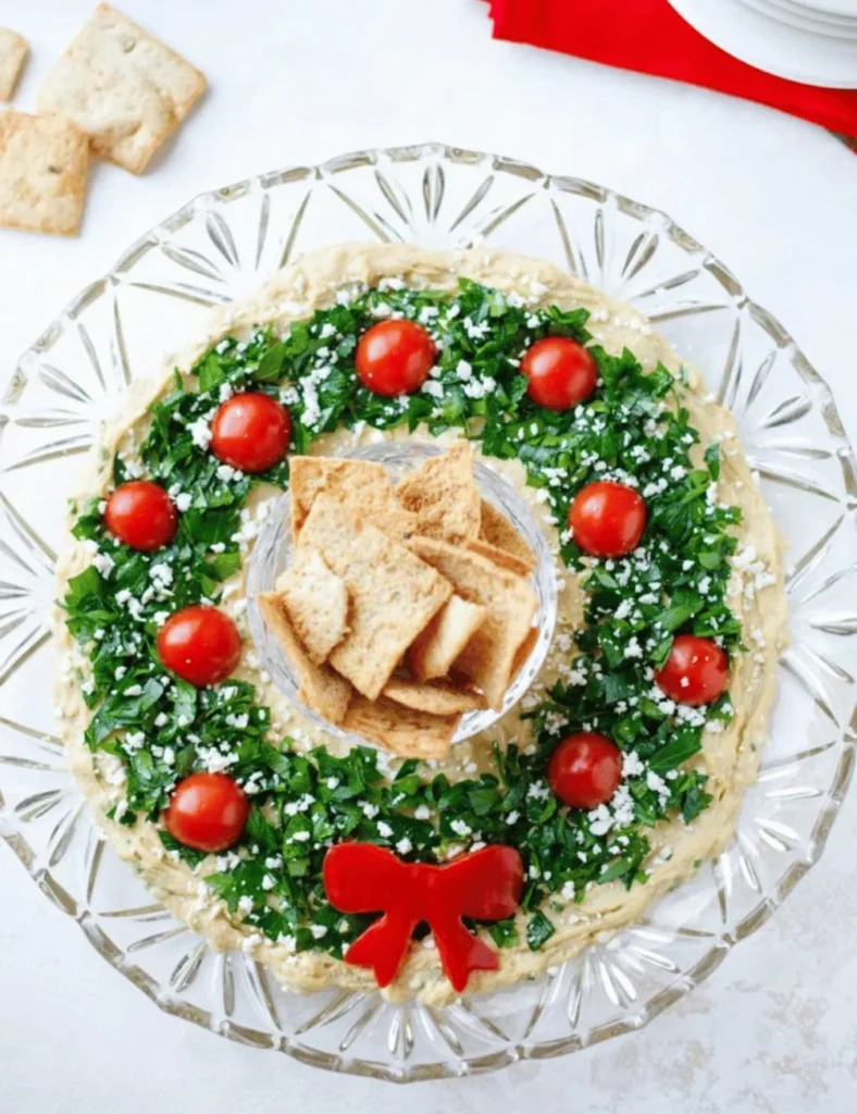 Easy Christmas Appetizer “Hummus Wreath”