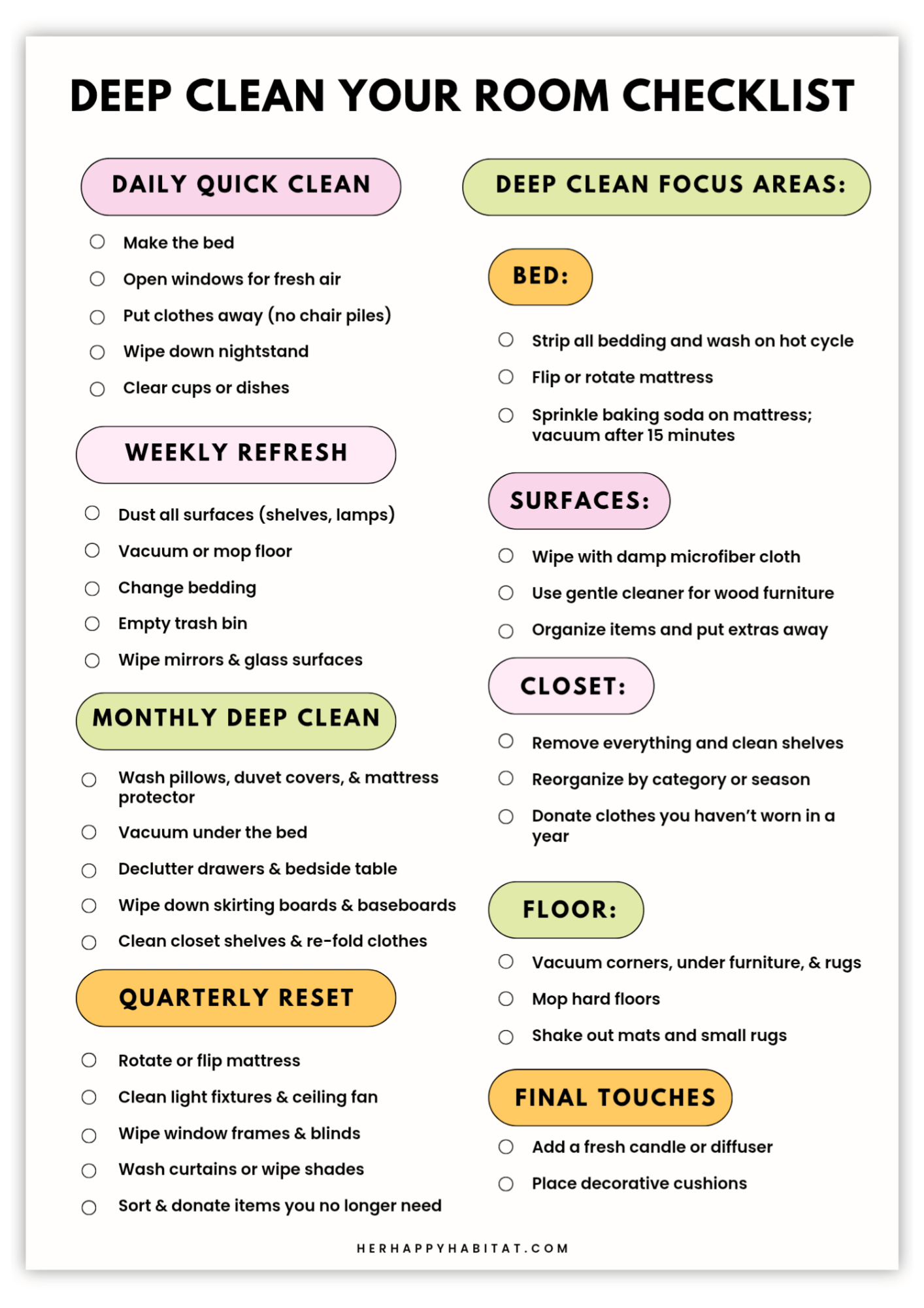 How To Deep Clean Your Room (+ Free Printable Checklist) - Her Happy ...