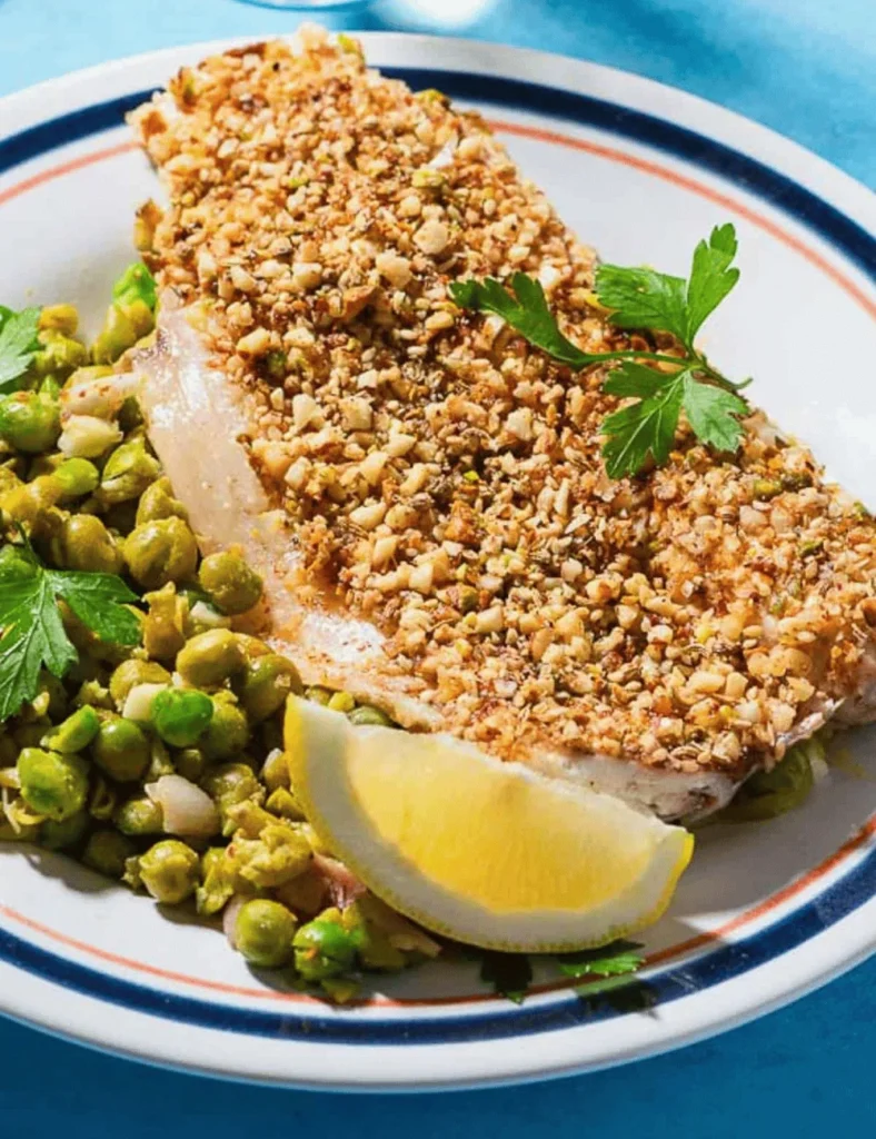 Lemony Dukkah-Crusted Sea Bass with Smashed Peas