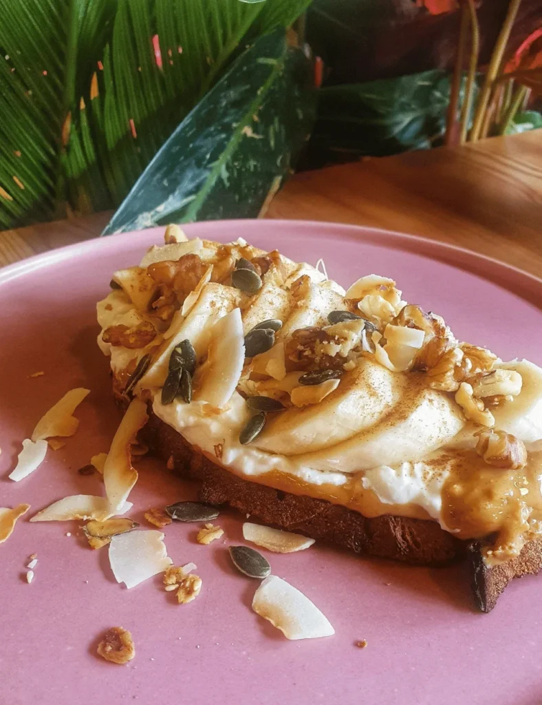 Loaded Sourdough Toast with Nut Butter, Yoghurt, Sliced Banana and Cinnamon. Breakfast recipes with sourdough bread