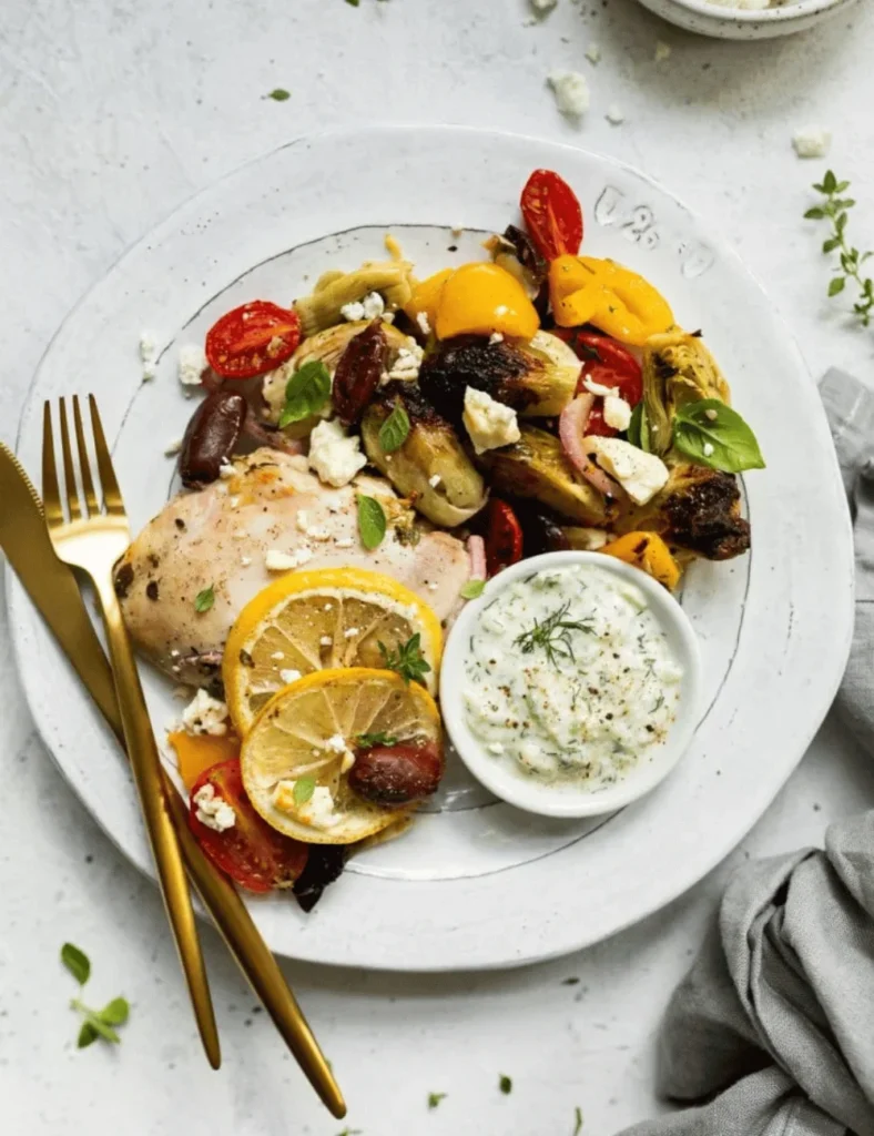Sheet Pan Greek Chicken and Veggies with Tzatziki Sauce