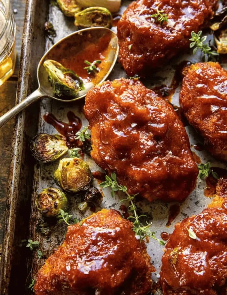 Sheet Pan Hot Honey Mustard Chicken and Crispy Brussels Sprouts