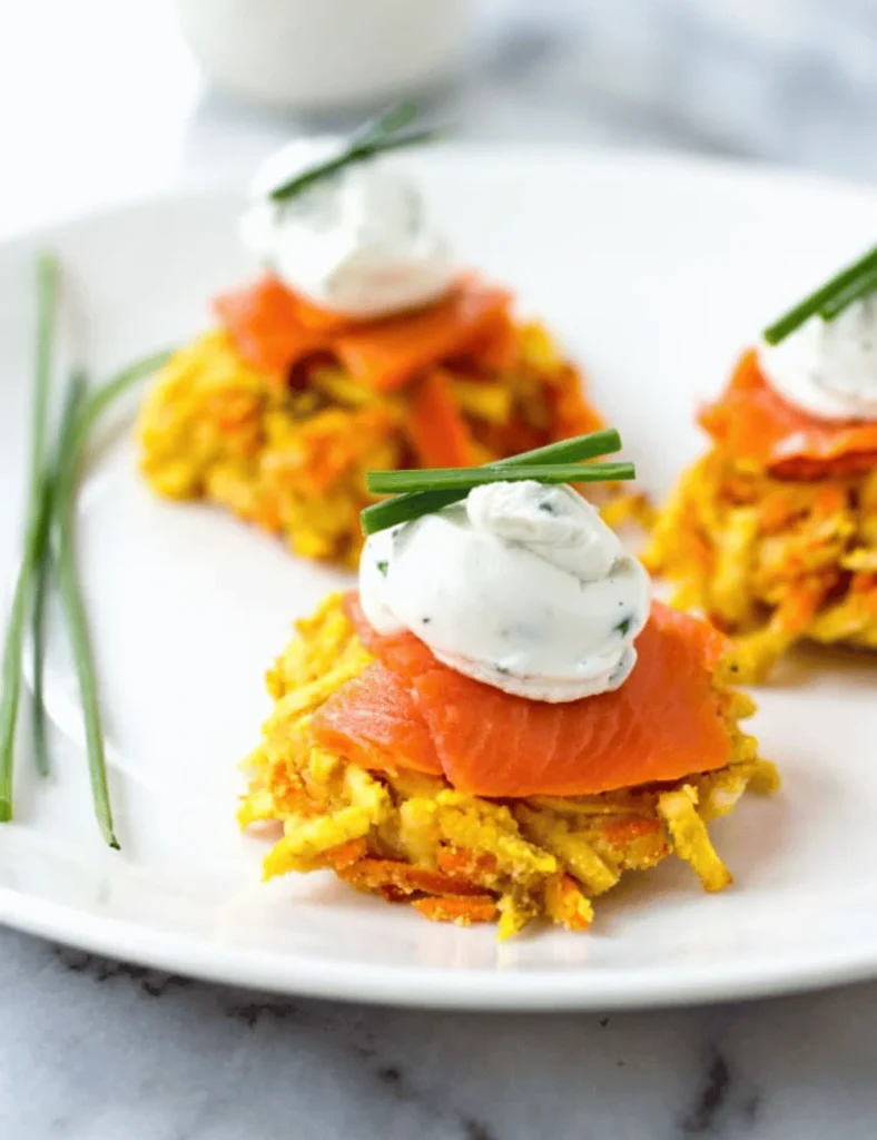 Sweet Potato and Carrot Latke-linis with Whipped Goat Cheese and Smoked Salmon
