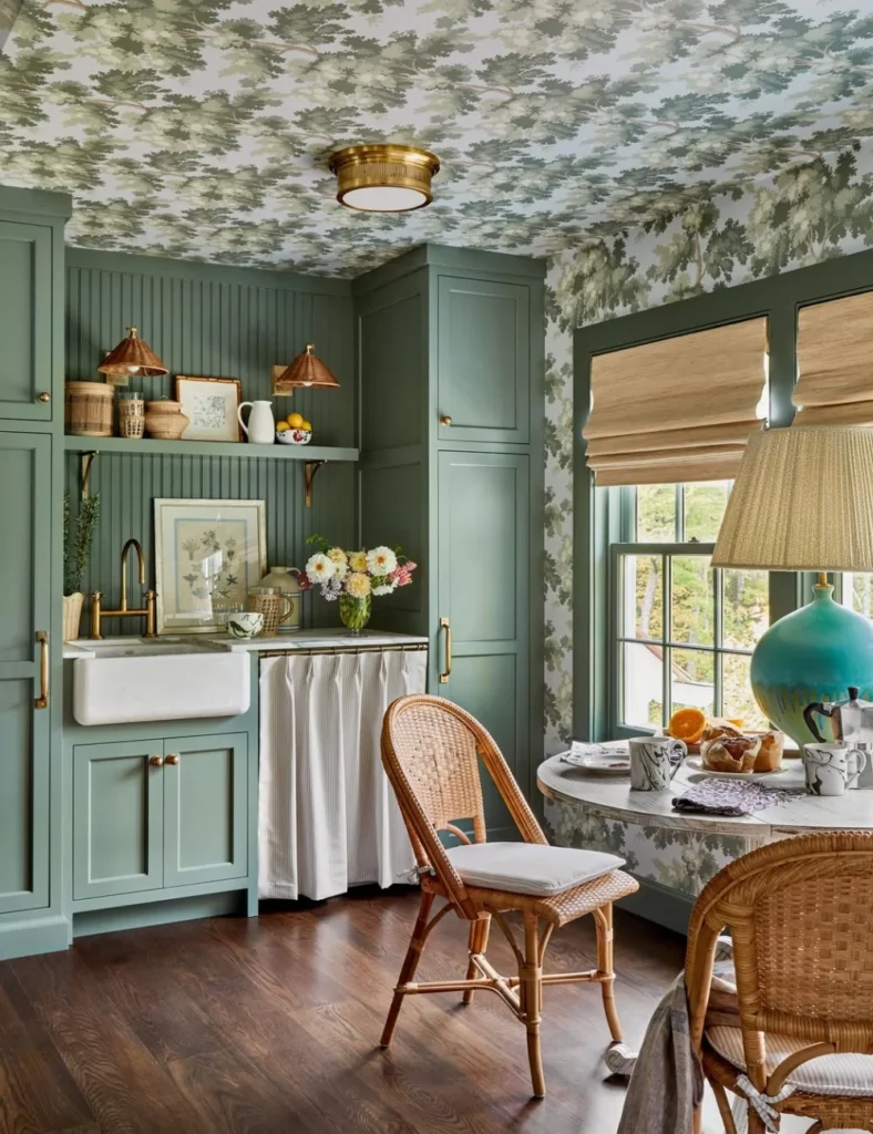 cottage living room with floral wallpaper on the ceiling