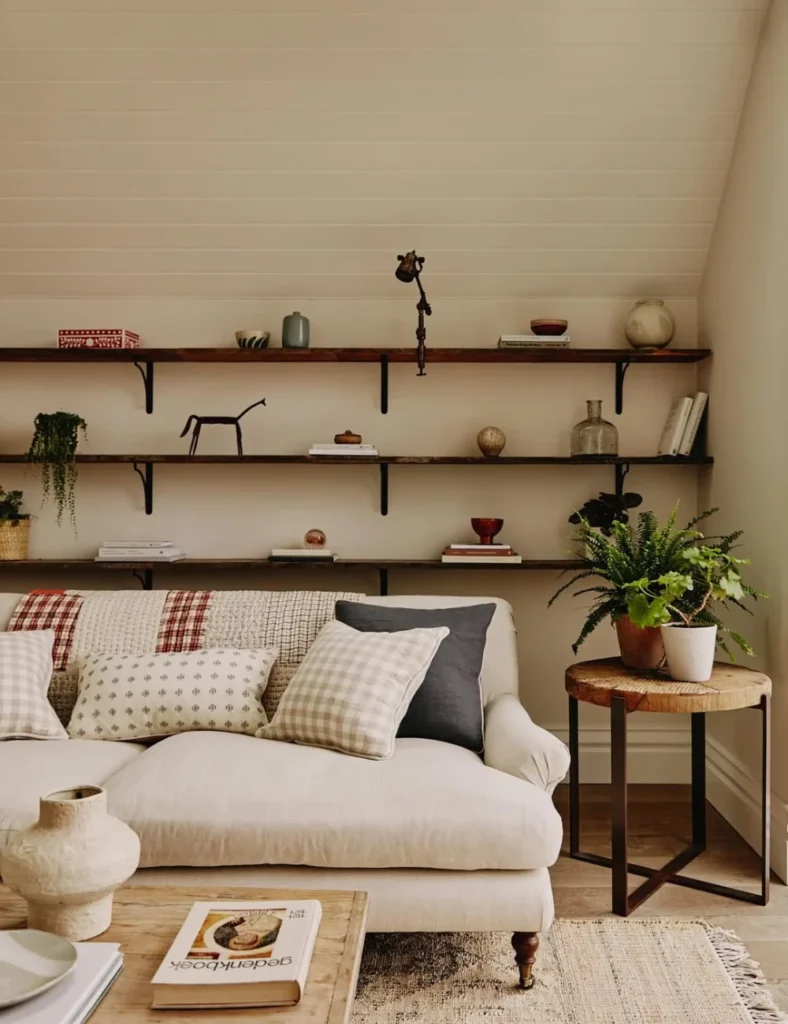 cottage living room with open shelving