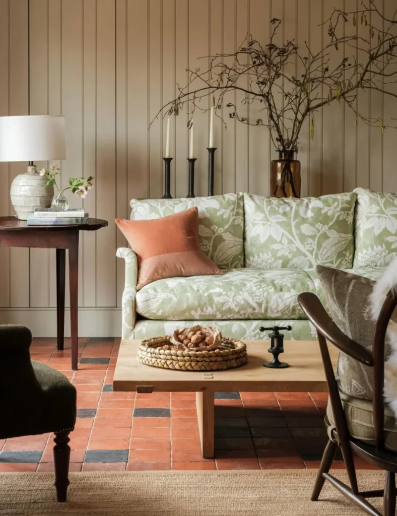 living room with floral sofa