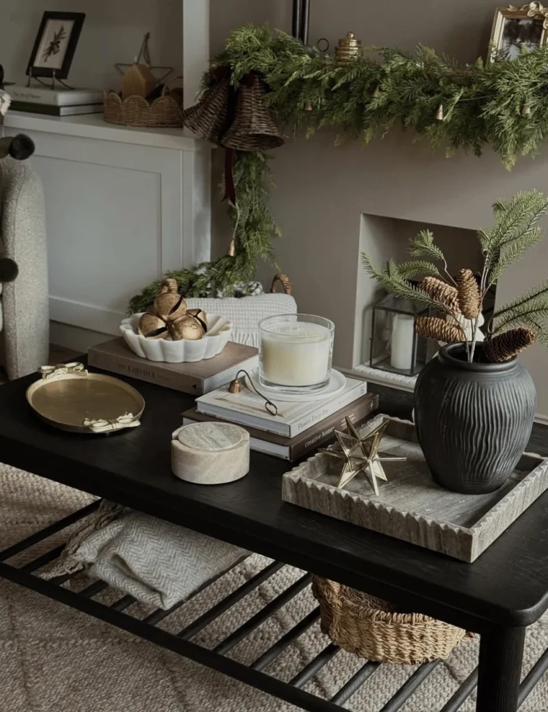 neutral decor christmas coffee table decor