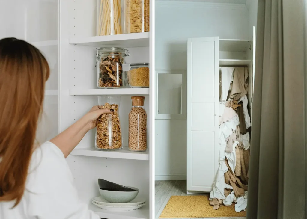 split image of decluttering a pantry and a wardrobe overflowing with clothes