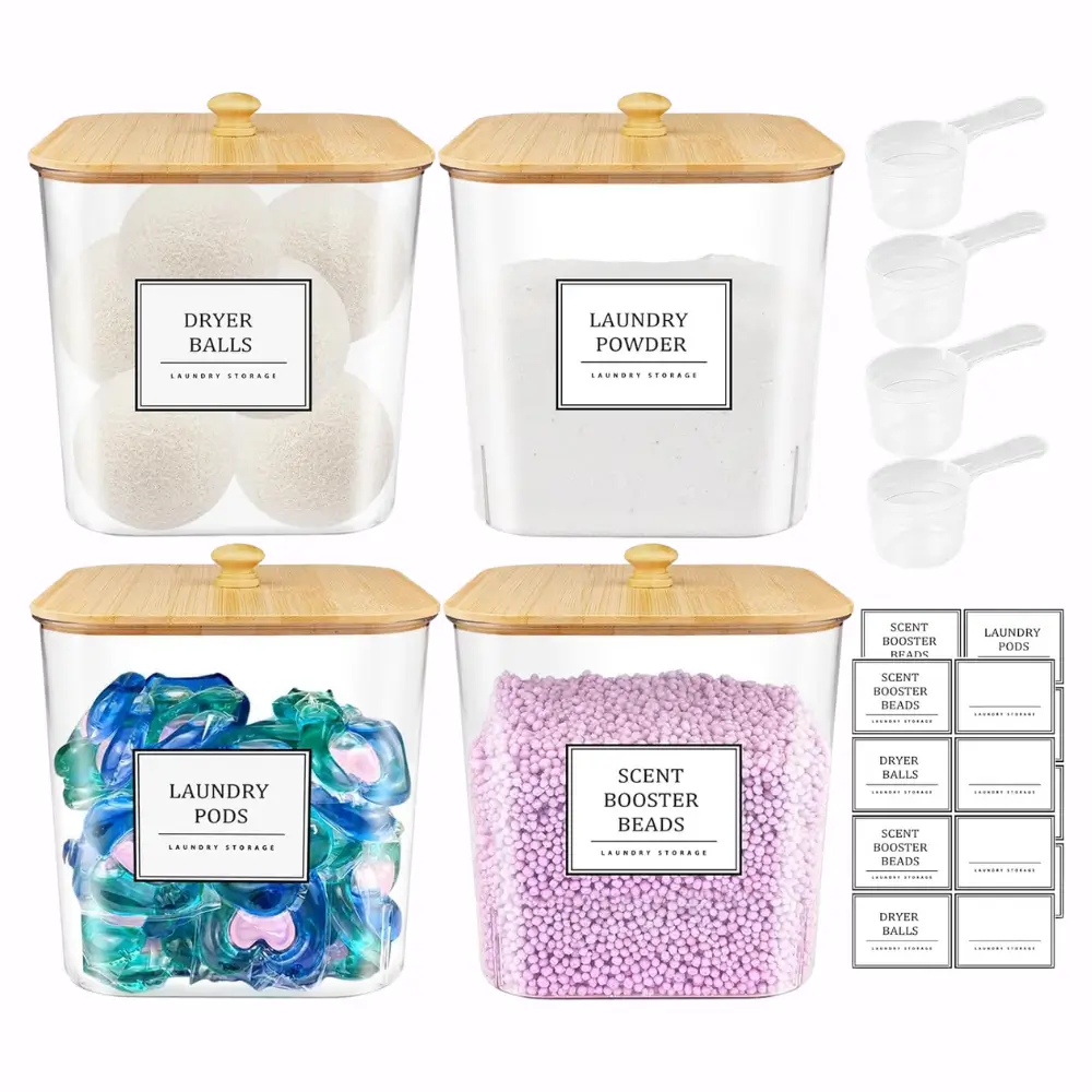 4 Pack Clear Laundry Pod Container with Bamboo Lids & Labels