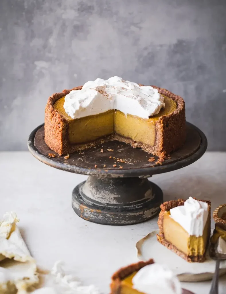 Baked vegan pumpkin cheesecake with a slice cut, showing the nutty crust and spiced filling