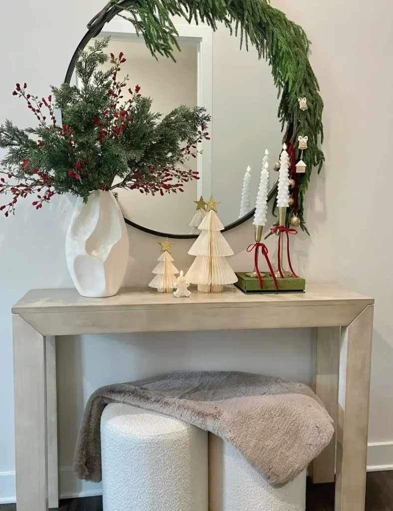 Half-Wrapped Mirror Garland Display. Christmas bathroom decor ideas