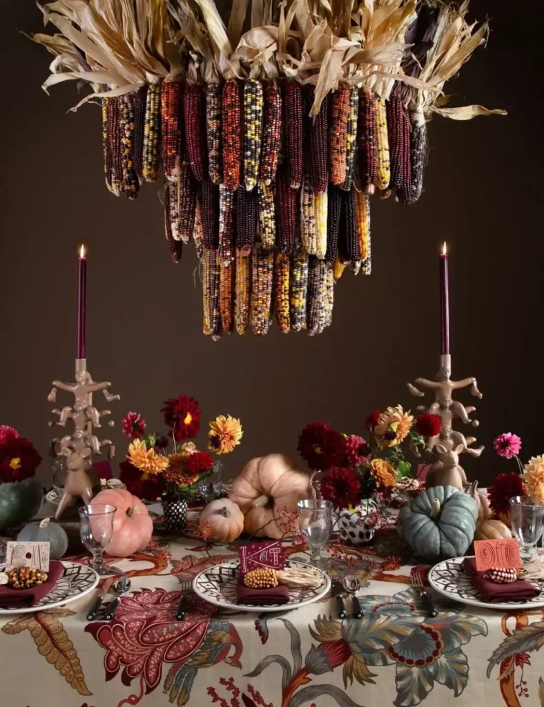 Harvest-Chandelier Drama. thanksgiving tablescape ideas
