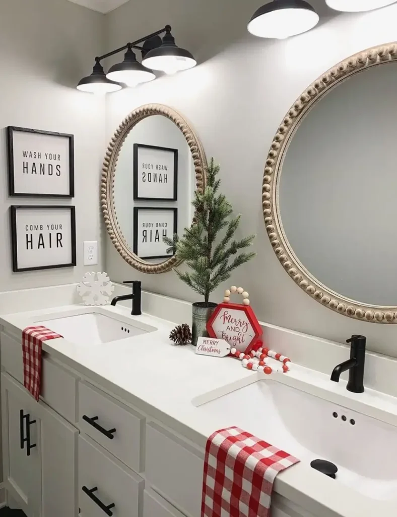 Merry & Bright Gingham Bathroom. Christmas bathroom decor ideas
