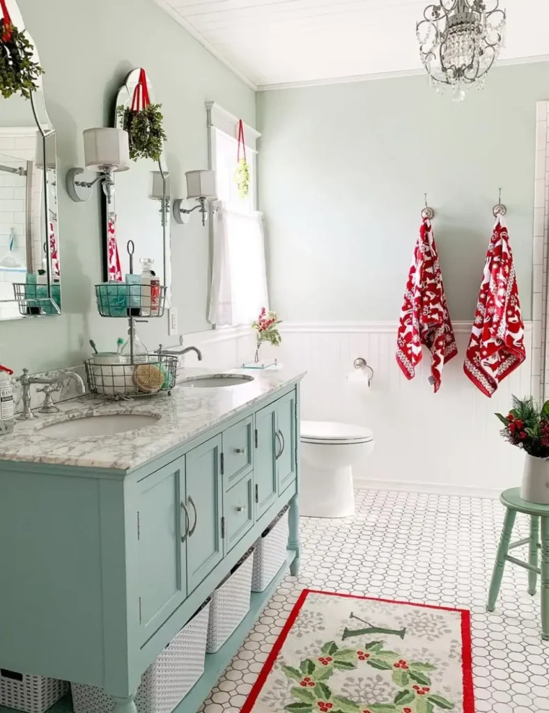 Peppermint Red and Fresh Green Accents. Christmas bathroom decor ideas